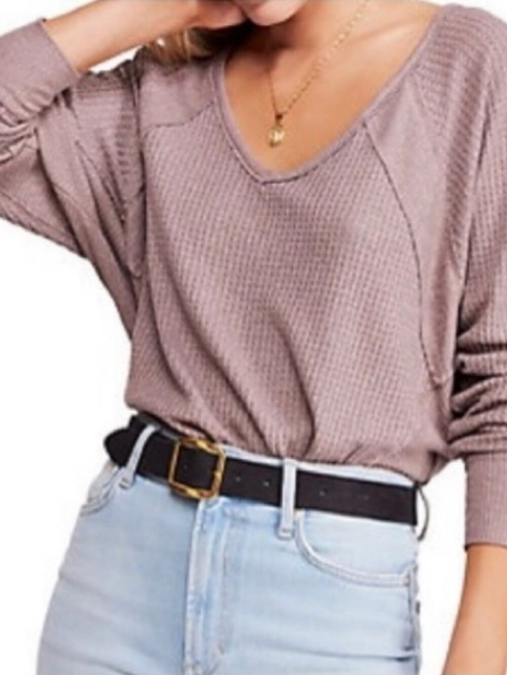 We The Free V-Neck Thermal Mauve Top Slouchy Bohemian Oversized Relaxed Fit M